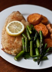 Pan-Fried Flounder with Roasted Sweet Potatoe and Sauteed Asparagus >> Blogging Over Thyme