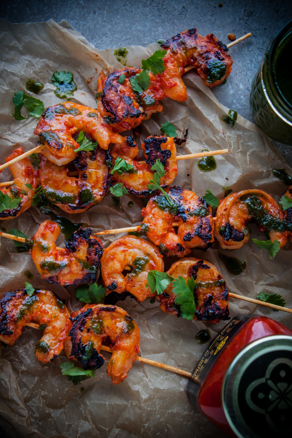 Grilled Harissa Shrimp Skewers with Basil Oil & Cilantro | bloggingoverthyme.com