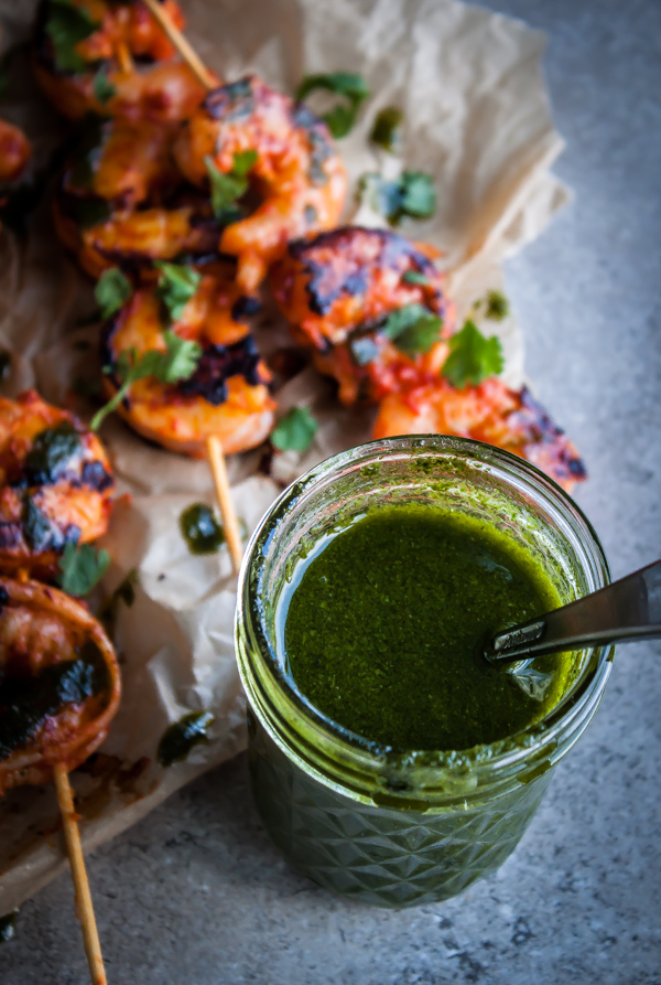 Grilled Harissa Shrimp Skewers with Basil Oil & Cilantro | bloggingoverthyme.com