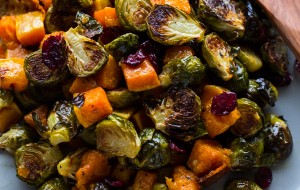 Roasted Brussels Sprouts and Squash with Dried Cranberries and Dijon Vinaigrette -- the perfect side dish for #Thanksgiving!