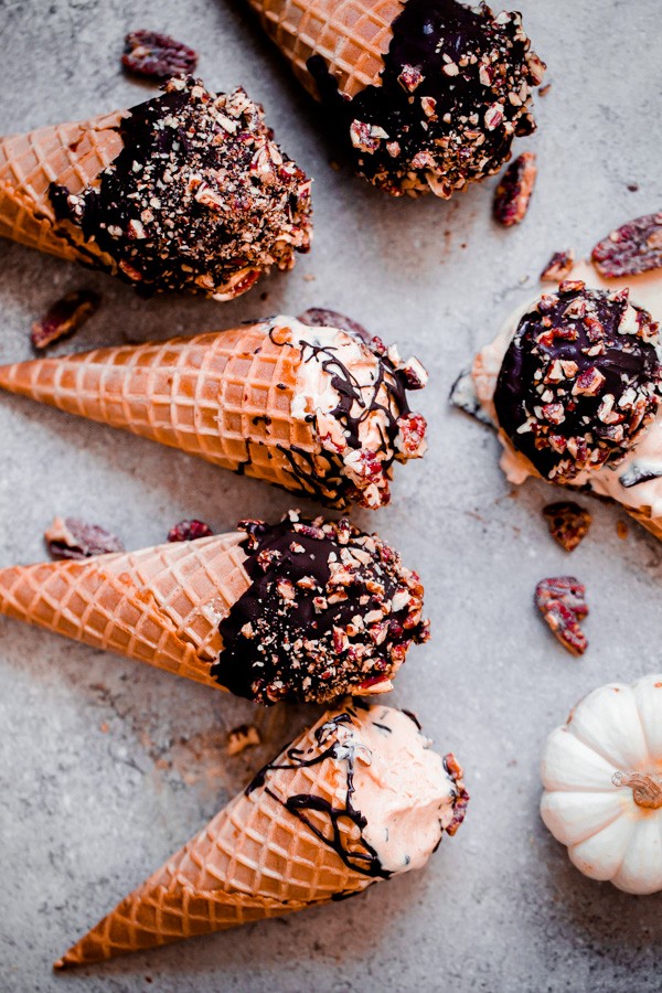 Homemade Candied Pecan Pumpkin Ice Cream Drumsticks. Inspired by the classic childhood treat!