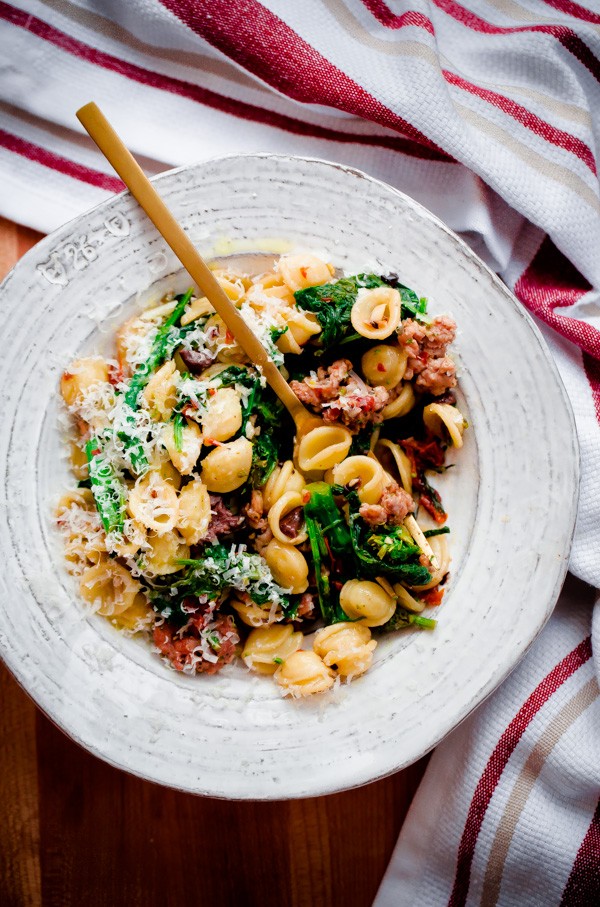 Orecchiette with Spicy Sausage, Broccoli Rabe, SunDried Tomatoes, and