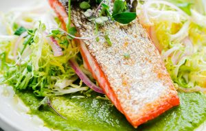 Seared Sockeye Salmon with Green Adobo Sauce and Frisée Salad. This elegant main course recipe can be prepared in less than 45 minutes!