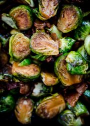 Maple Bacon Brussels Sprouts. Sweet and salty Brussels sprouts side dish with crispy bacon, balsamic vinegar, and maple syrup!