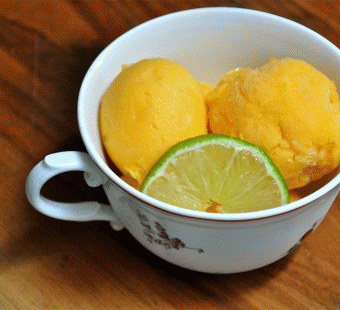 Homemade Champagne Mango Sorbet in Teacup