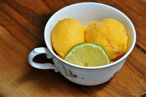 Homemade Champagne Mango Sorbet in Teacup