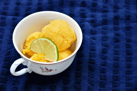 Homemade Champagne Mango Sorbet in Teacup