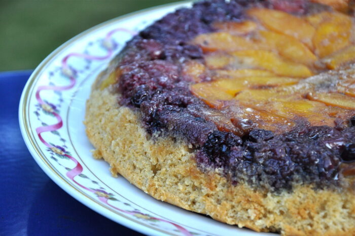 Upside Down Berry Peach Skillet Cake