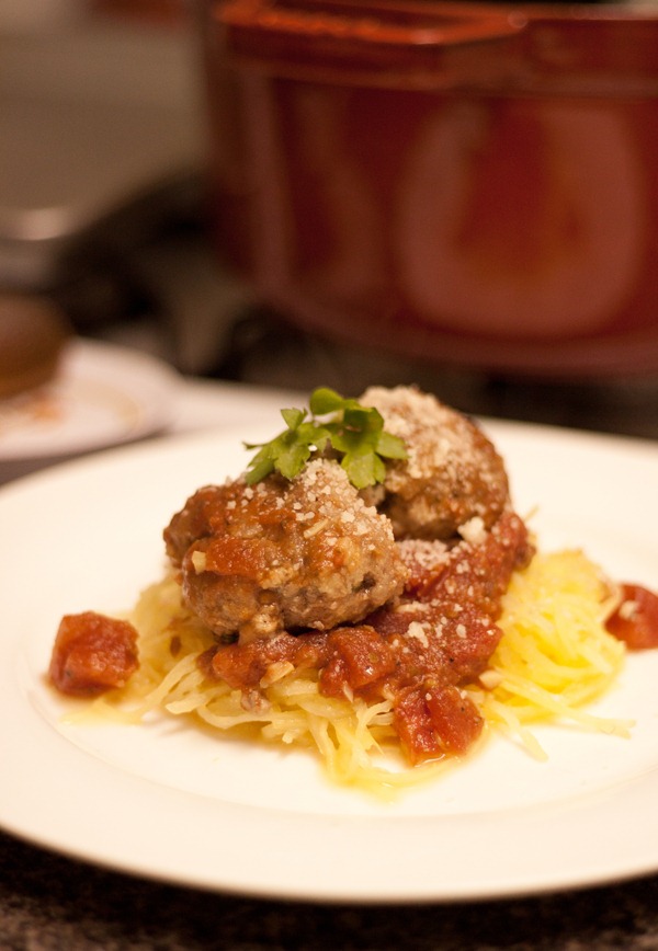 Spaghetti Squash with Homemade Tomato Sauce and Meatballs