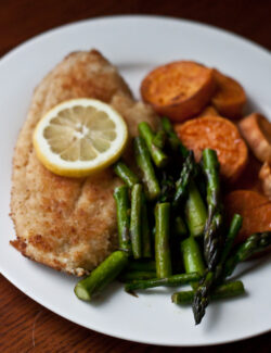 Pan-Fried Flounder with Roasted Sweet Potatoes and Sautéed Asparagus