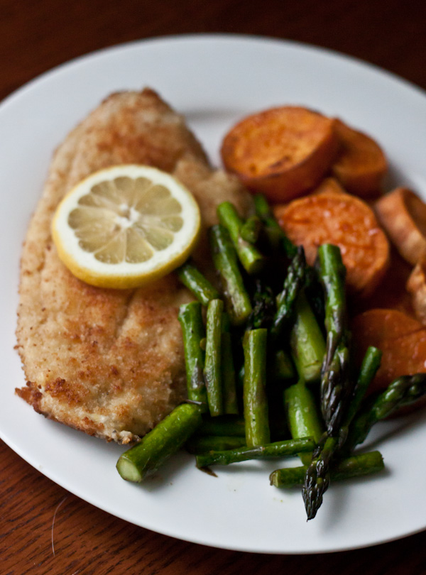 Fried Flounder with Roasted Sweet Potatoe and Sauteed Asparagus ></noscript>> Blogging Over Thyme” width=”600″ height=”810″></p>
<div id=