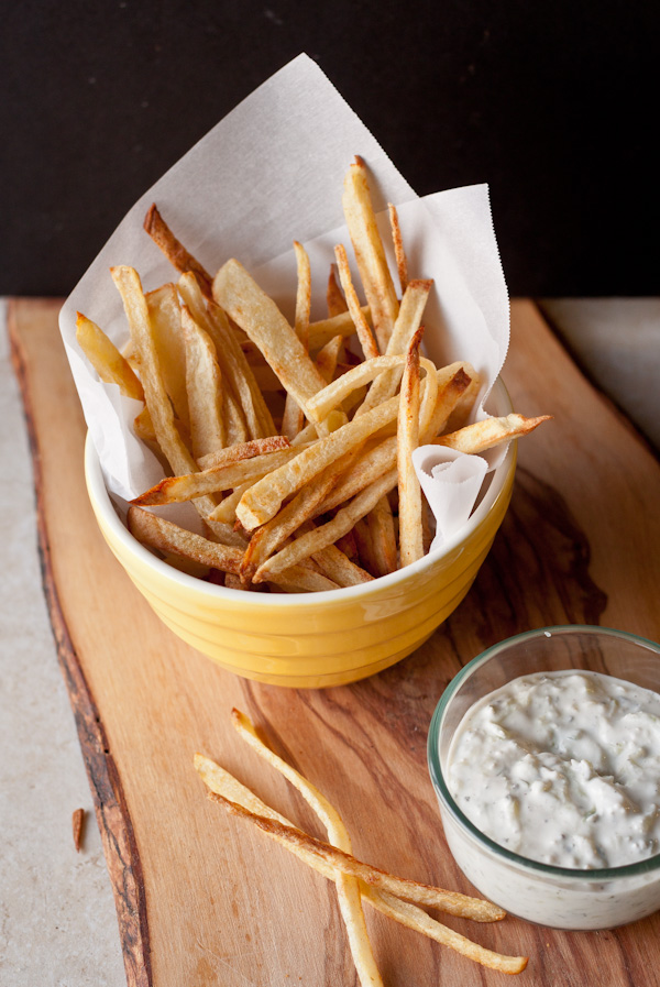 Spicy Oven Baked French Fries with Cucumber Raita