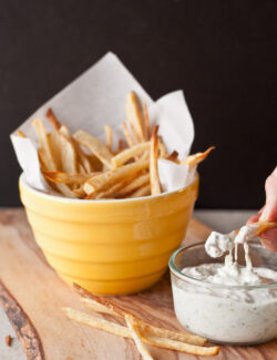 Spicy Oven Baked French Fries with Cucumber Raita