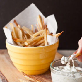 Spicy Oven Baked French Fries with Cucumber Raita