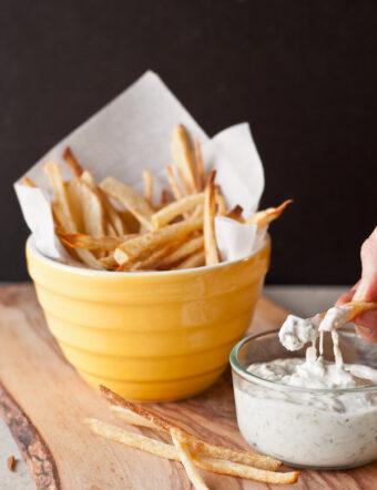 Spicy Oven Baked French Fries with Cucumber Raita