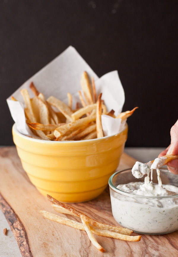 Spicy Oven Baked French Fries with Cucumber Raita