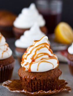 Gingerbread Cupcakes with Marshmallow Frosting and Pomegranate Caramel