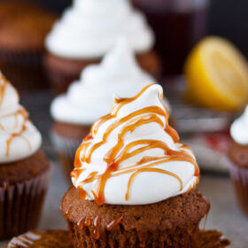 Gingerbread Cupcakes with Marshmallow Frosting and Pomegranate Caramel