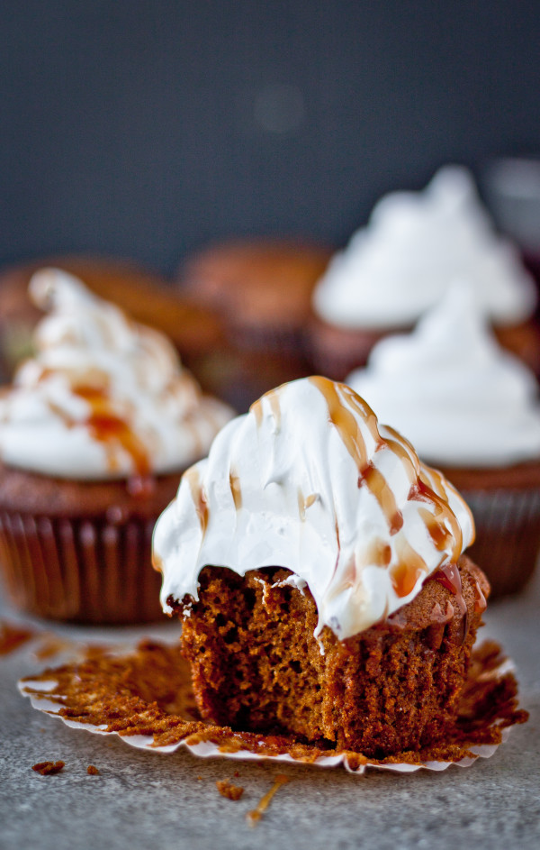 Gingerbread Cupcakes with Marshmallow Frosting and Pomegranate Caramel