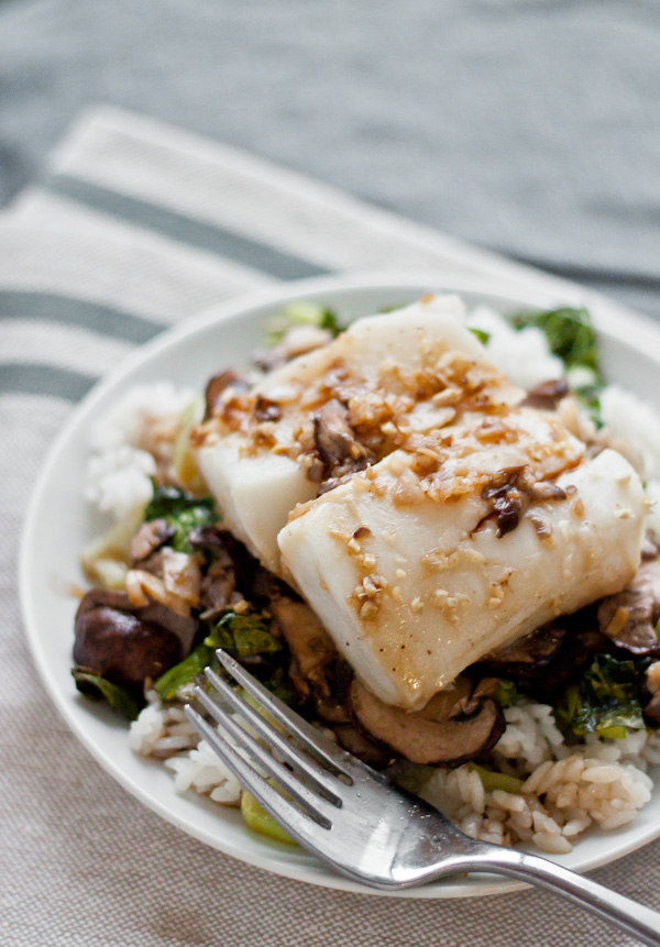 Turbot with Mushrooms, Ginger, and Soy Broth