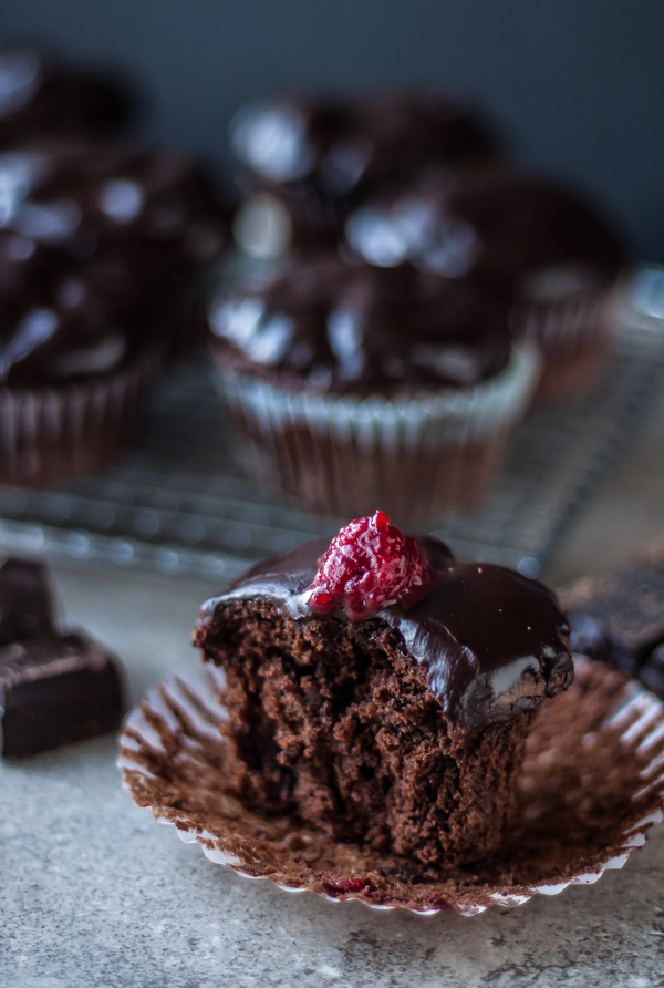 Dark Chocolate Chunk Raspberry Muffins with Ganache Topping