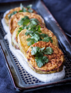 Fried Eggplant with Roasted Garlic Yogurt Sauce