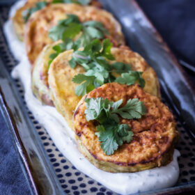 Fried Eggplant with Roasted Garlic Yogurt Sauce