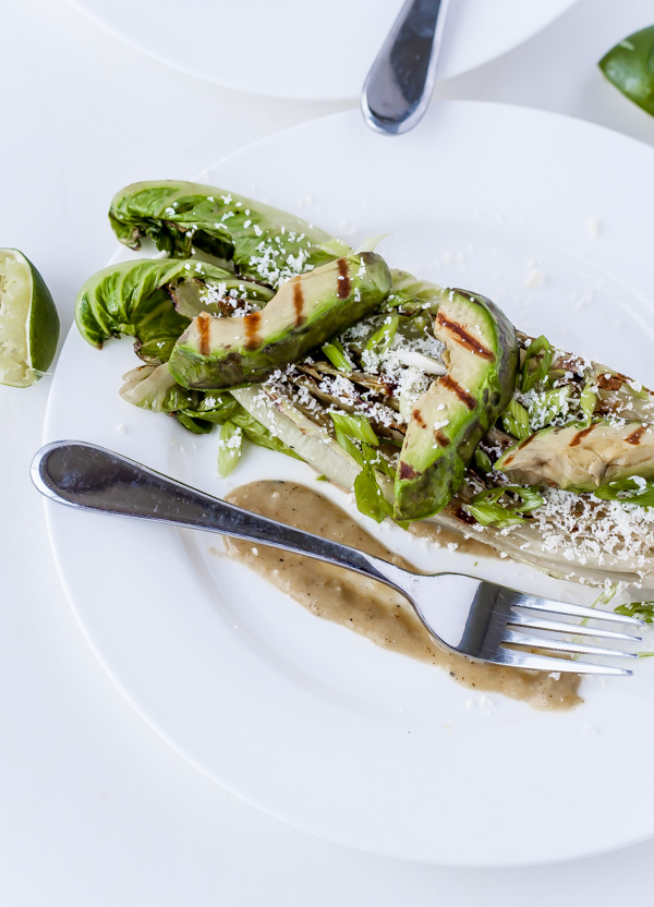 Grilled Romaine Salad with Avocado, Tomatillos, and Cotija Cheese