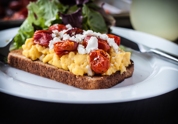 Bain Marie Scrambled Eggs with Roasted Tomatoes and Goat Cheese