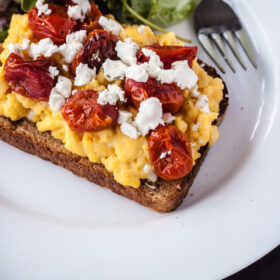 Bain Marie Scrambled Eggs with Roasted Tomatoes and Goat Cheese