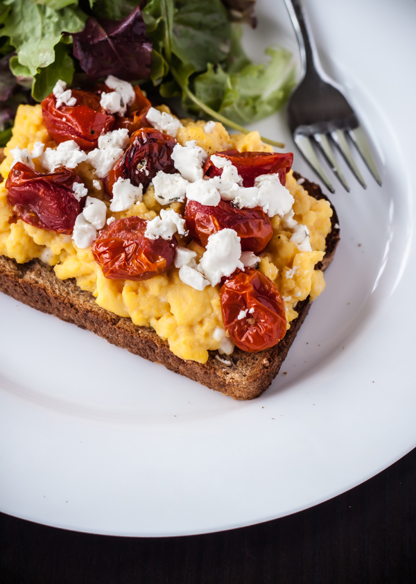 Bain Marie Scrambled Eggs with Roasted Tomatoes and Goat Cheese