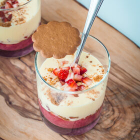 Zabaglione with Rhubarb, Strawberries, and Ginger Cookie Crumble
