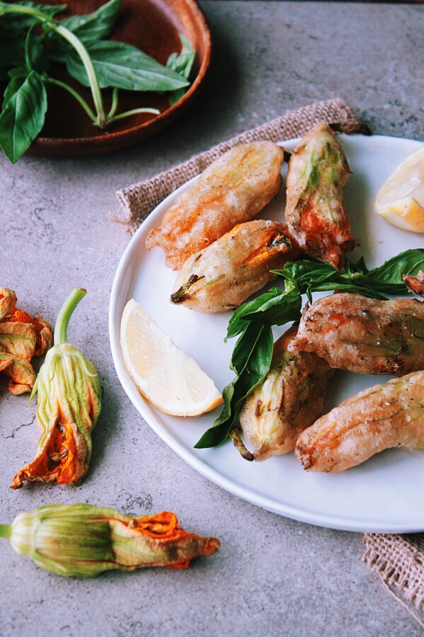 Fried Zucchini Blossoms Stuffed with Basil Ricotta