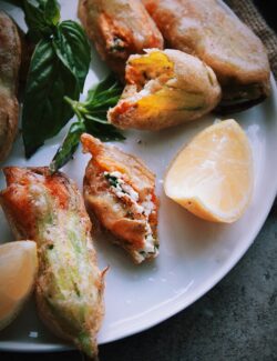 Fried Zucchini Blossoms Stuffed with Basil Ricotta