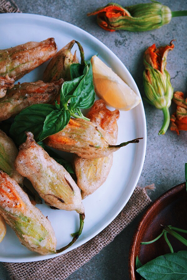 Fried Zucchini Blossoms Stuffed with Basil Ricotta