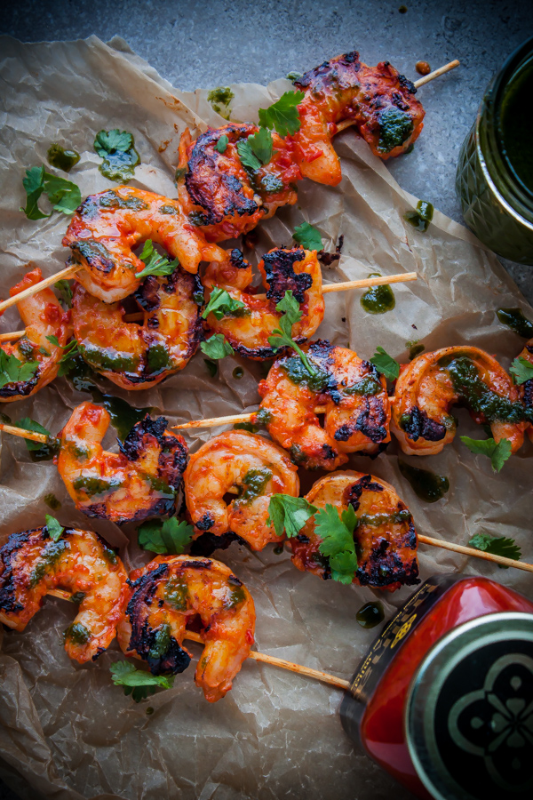 Grilled Harissa Shrimp Skewers with Basil Oil 