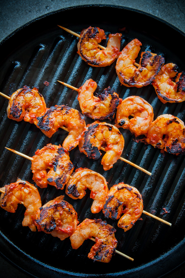 Grilled Harissa Shrimp Skewers on Grill Pan