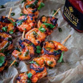 Grilled Harissa Shrimp Skewers with Basil Oil