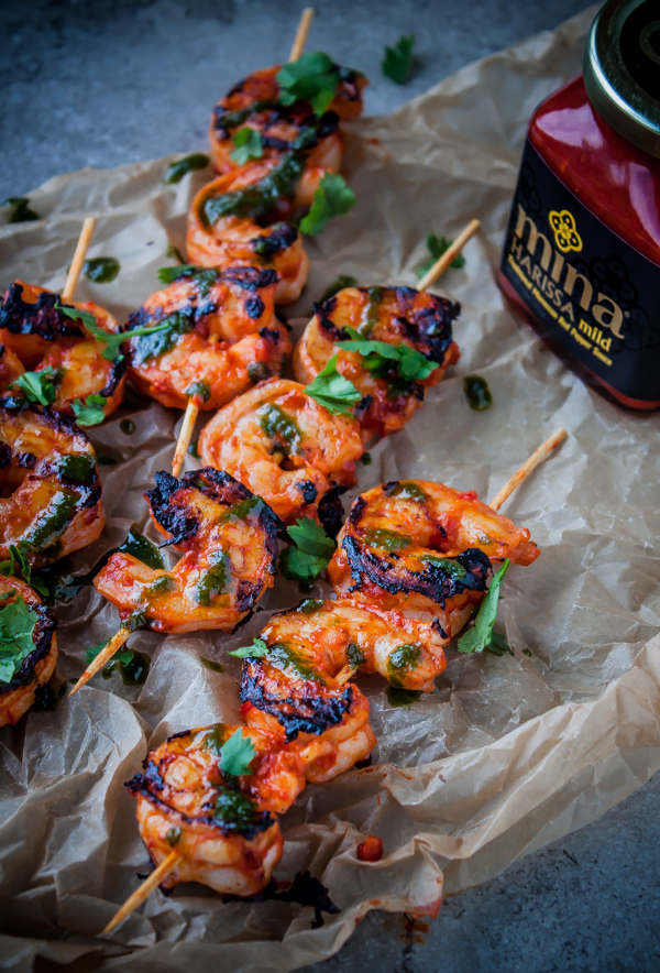 Grilled Harissa Shrimp Skewers with Basil Oil 