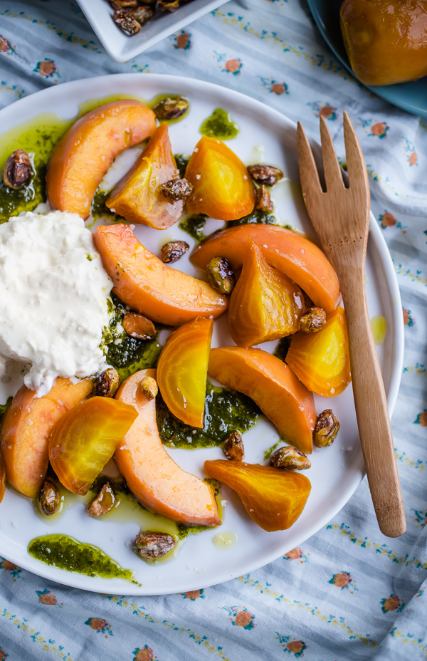 Roasted Beet Peach and Burrata Salad with Basil Oil and Candied Pistachios