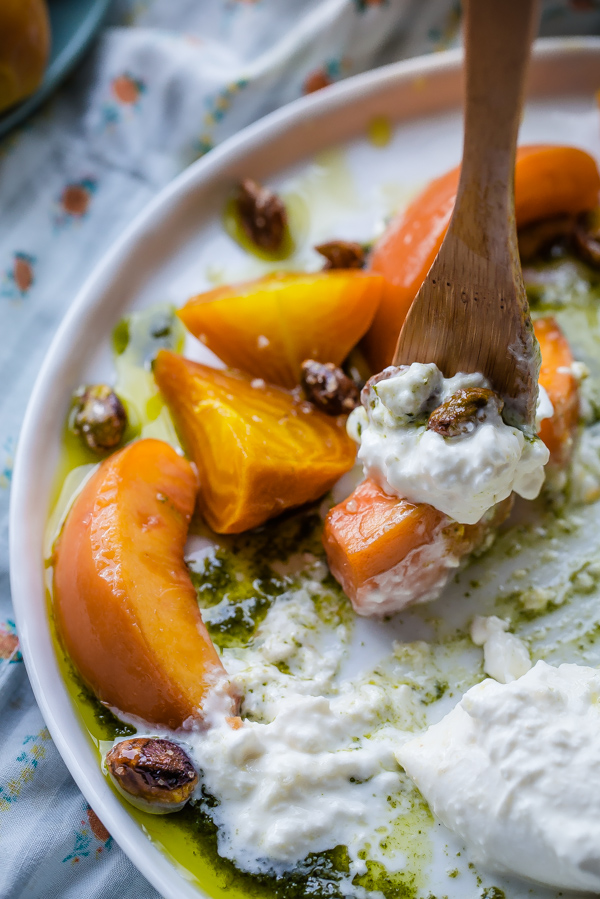 Roasted Beet Peach and Burrata Salad with Basil Oil and Candied Pistachios