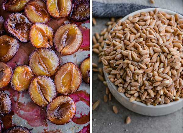 Broken Farro Porridge with Coconut Milk, Almonds, & Roasted Plums