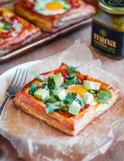 Egg Puff Pastry Squares with Cheddar and Green Harissa