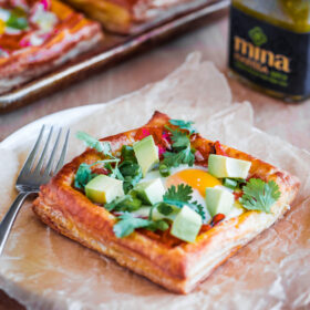 Egg Puff Pastry Squares with Cheddar and Green Harissa