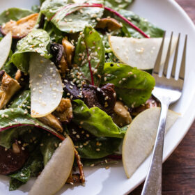 Roasted Shiitake and Asian Pear Salad with Miso-Sesame Vinaigrette