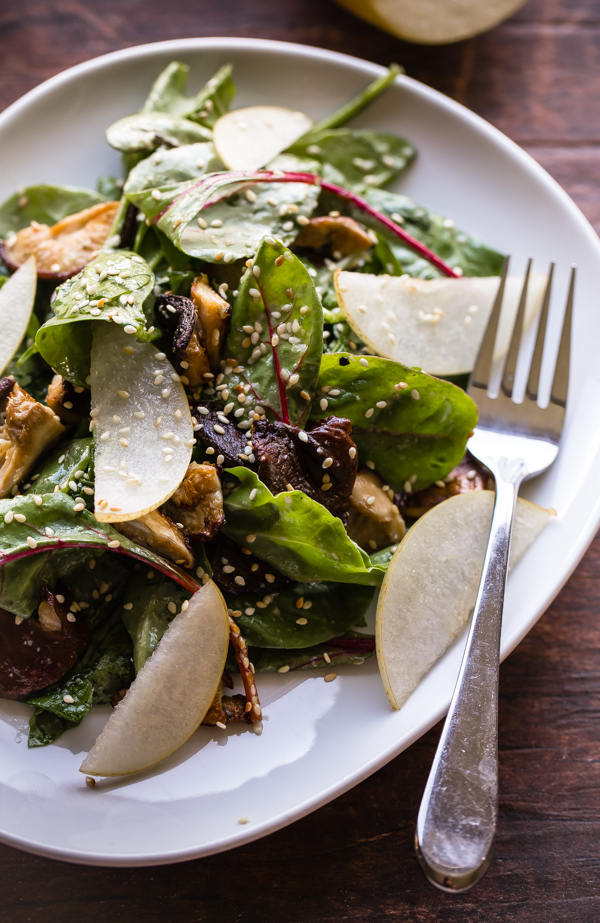 Roasted Shiitake and Asian Pear Salad with Miso-Sesame Vinaigrette