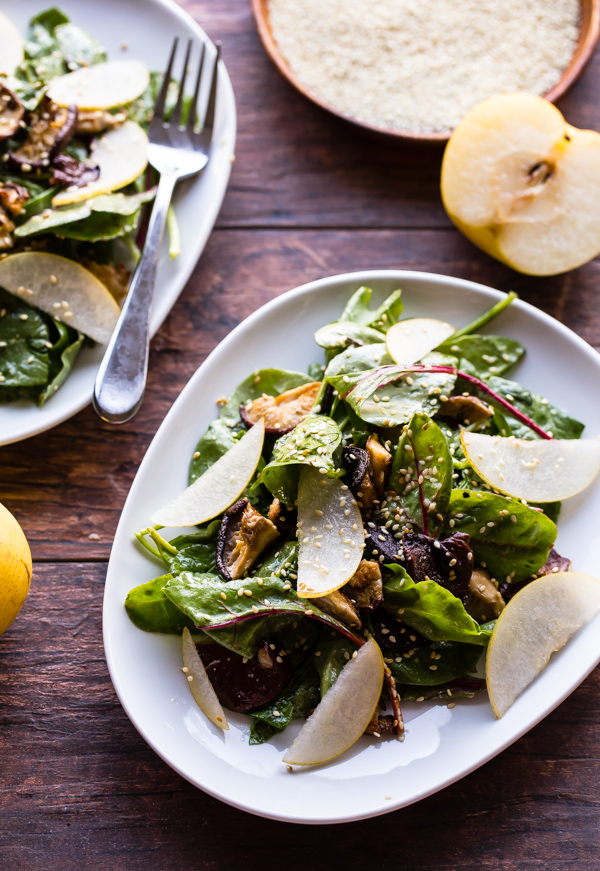 Roasted Shiitake and Asian Pear Salad with Miso-Sesame Vinaigrette