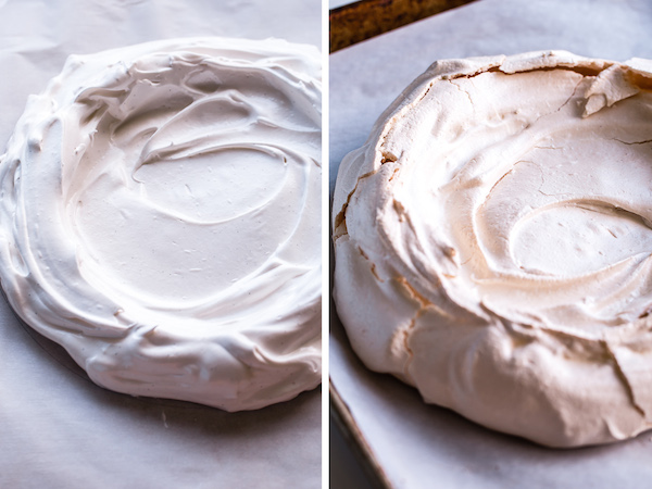 Raw and Baked Pavlova Meringue Side by Side