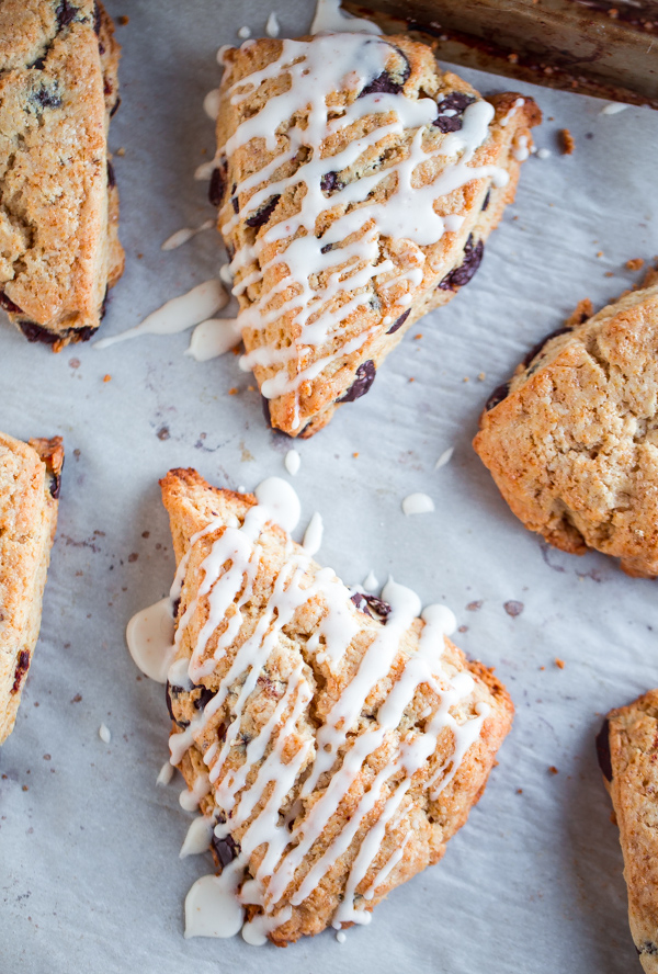 Brown Butter Chocolate Chip Scones. Flaky, homemade scones infused with brown butter and topped with a brown butter glaze!