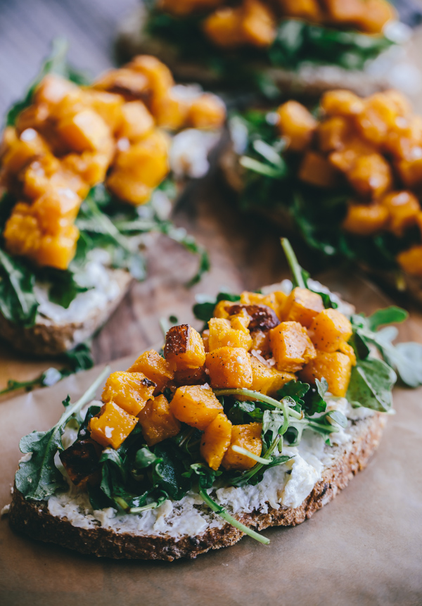 Butternut Squash Tartine with Roasted Garlic Goat Cheese and Arugula